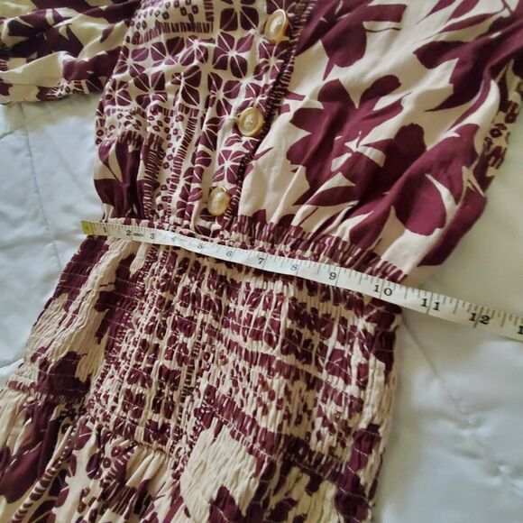 Olivaceous Smocked Elastic Waist Maroon Floral Boho Mini Dress Size S - Picture 7 of 11